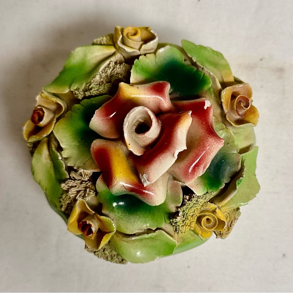 Vintage Capodimonte Ceramic Roses Trinket Dish, Made in Italy
